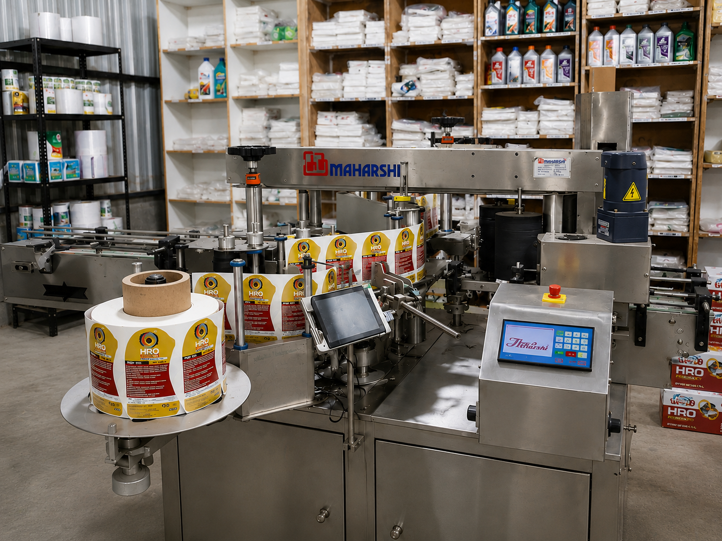 Labelling machine applying labels to Goldtap containers in the packaging area