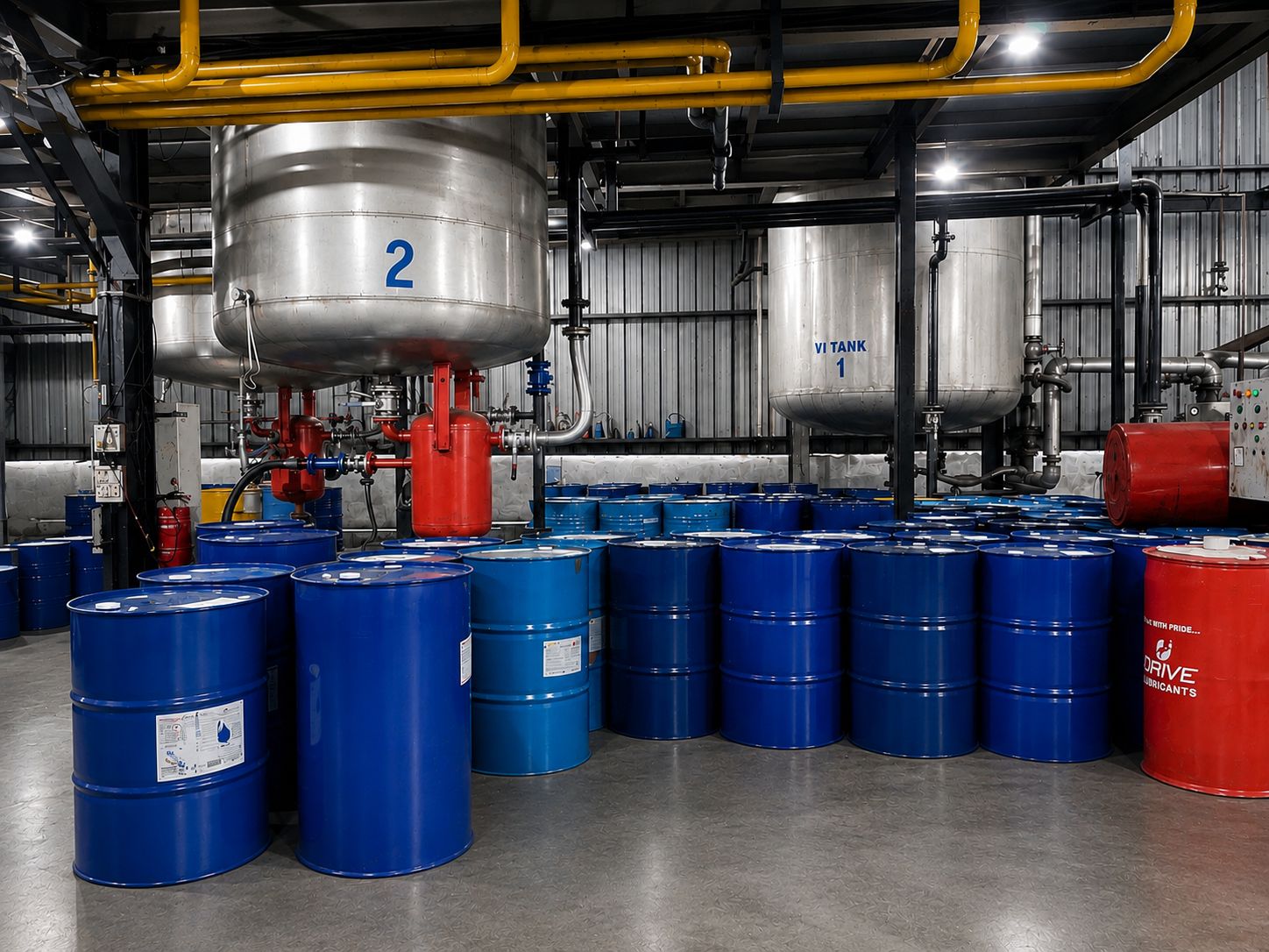 VI storage tanks with blue drums and overhead process piping at Goldtap